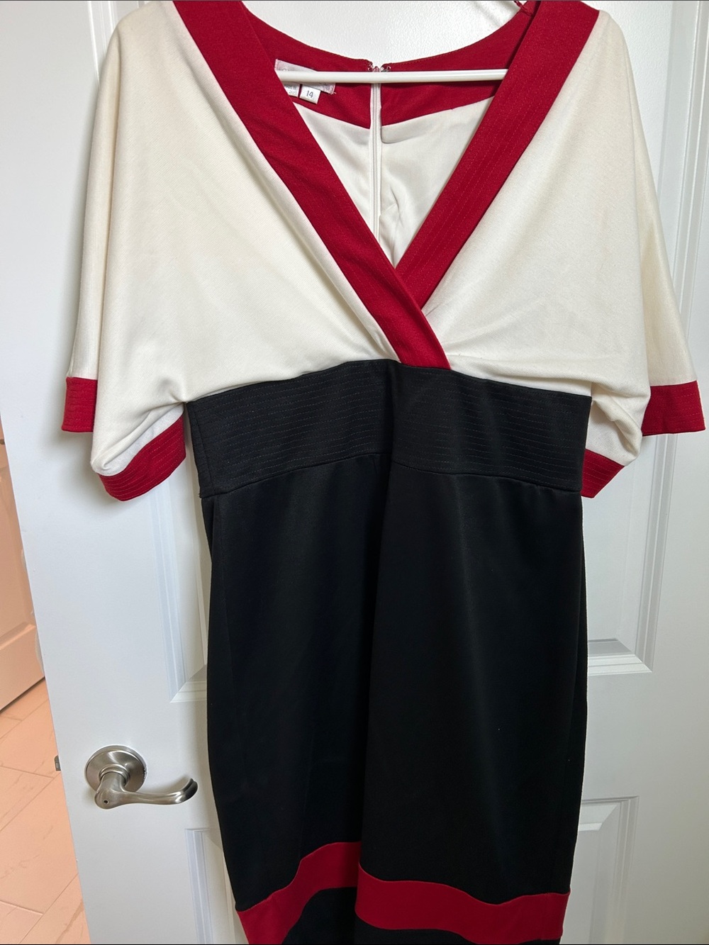 London times Colorblock V-Neck Dress in Cream, Navy Blue  & Red